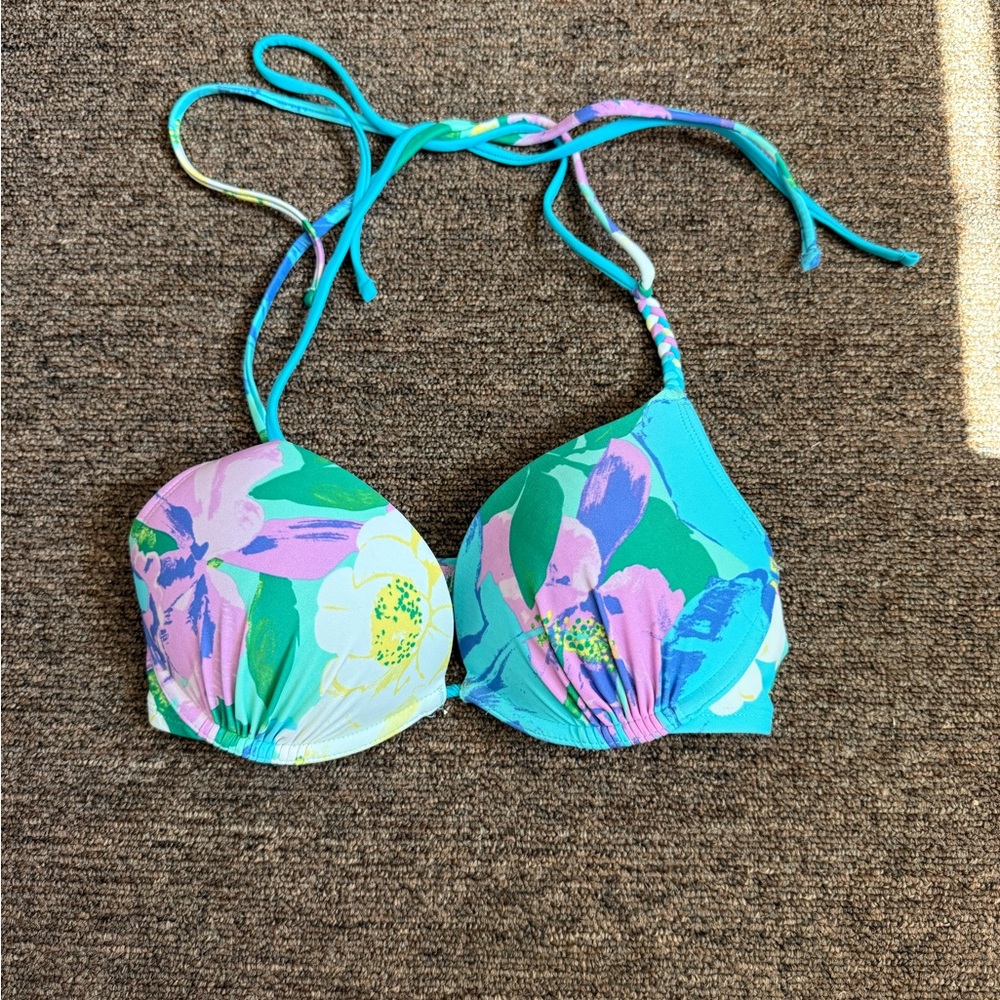 aerie Floral Push-Up Bikini Top in Turquoise, Pink, Green